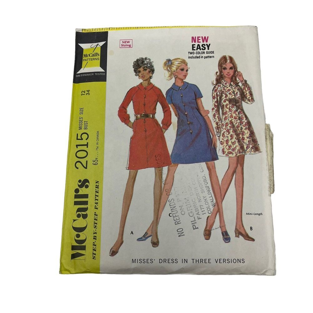 McCall's Vintage Sewing Pattern Womens #2015 Size 12 CUT Button Front‎ Dress
